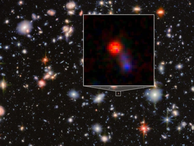 Galaxies of many shapes and colors dot the black background of distant space, with an inset zooming in on the red object dubbed "Virgil," the object of the study reported here.